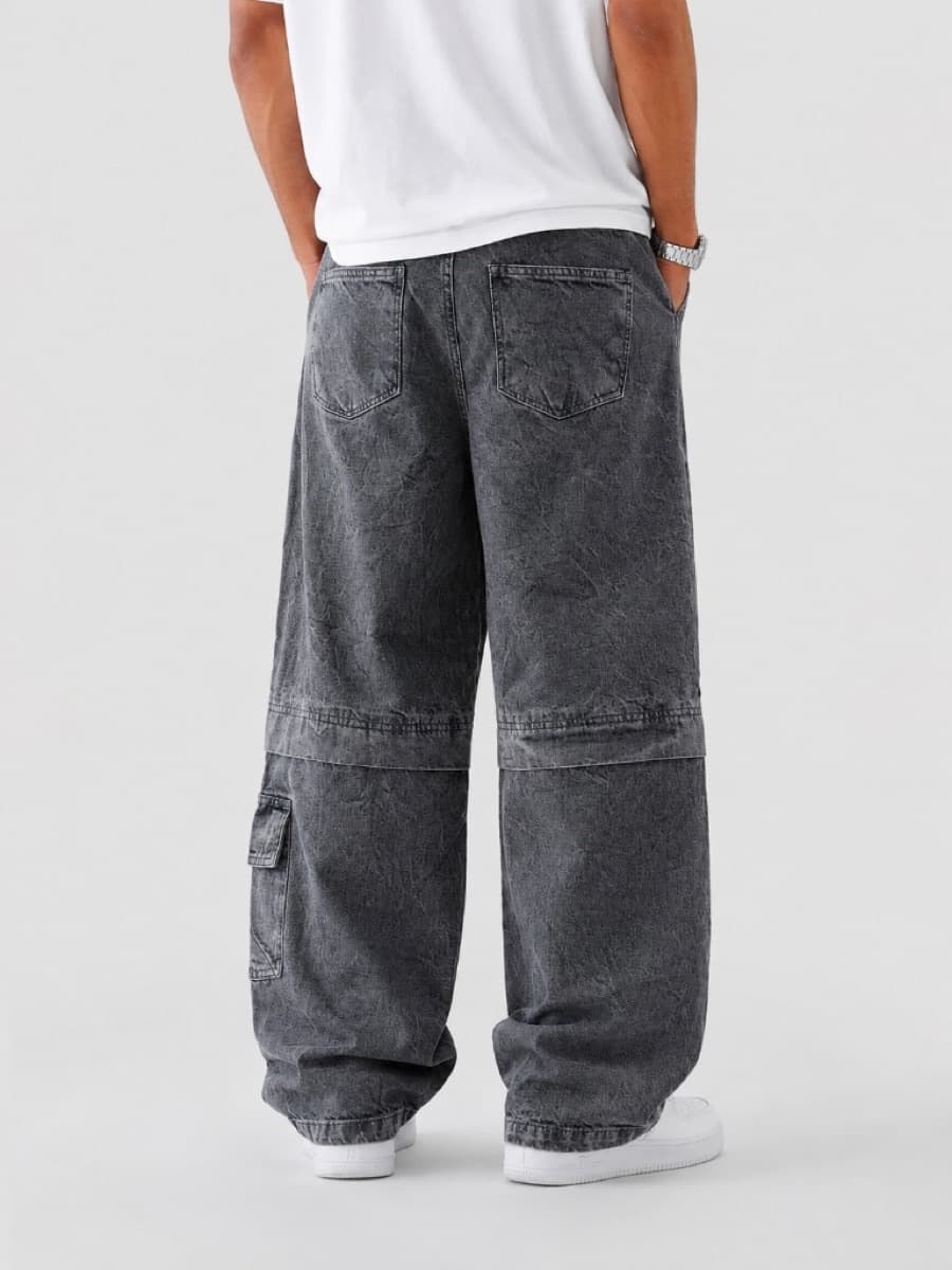 Acid Wash Cargo Jeans - Acid Charcoal - Back