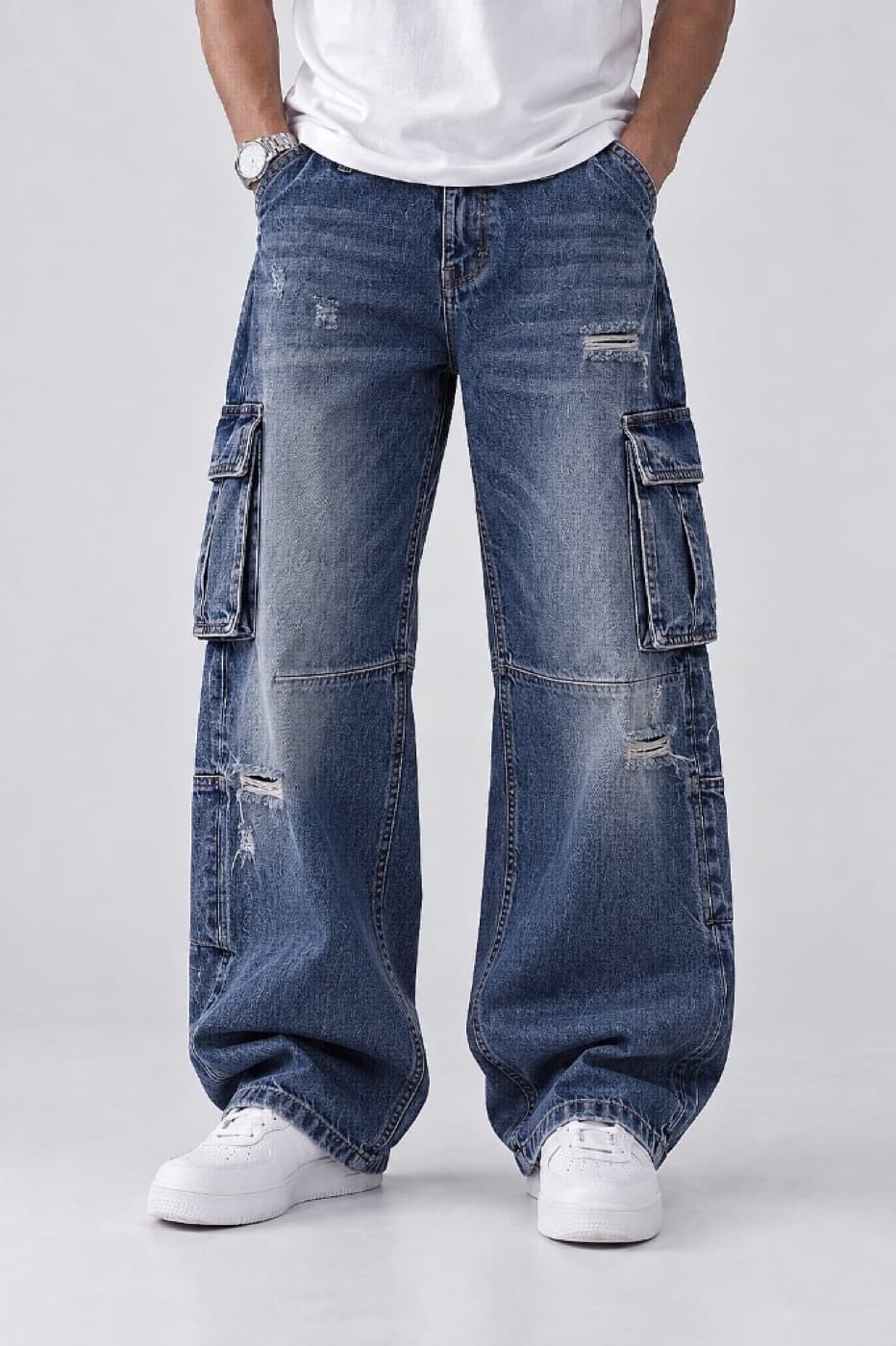 Distressed Blue Cargo Jeans