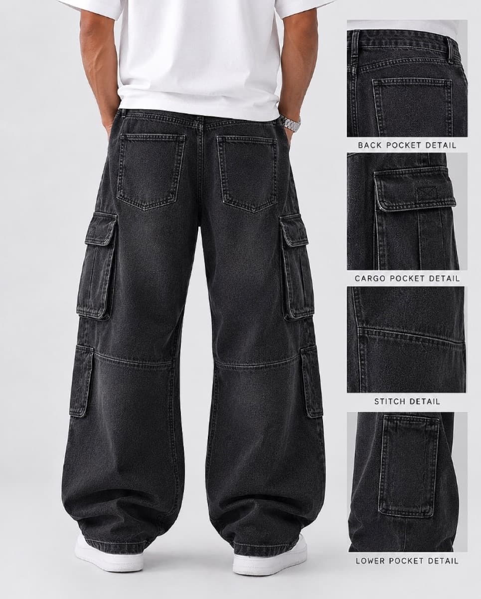 Laser Pattern Cargo Jeans - Vintage Black Pattern - Back
