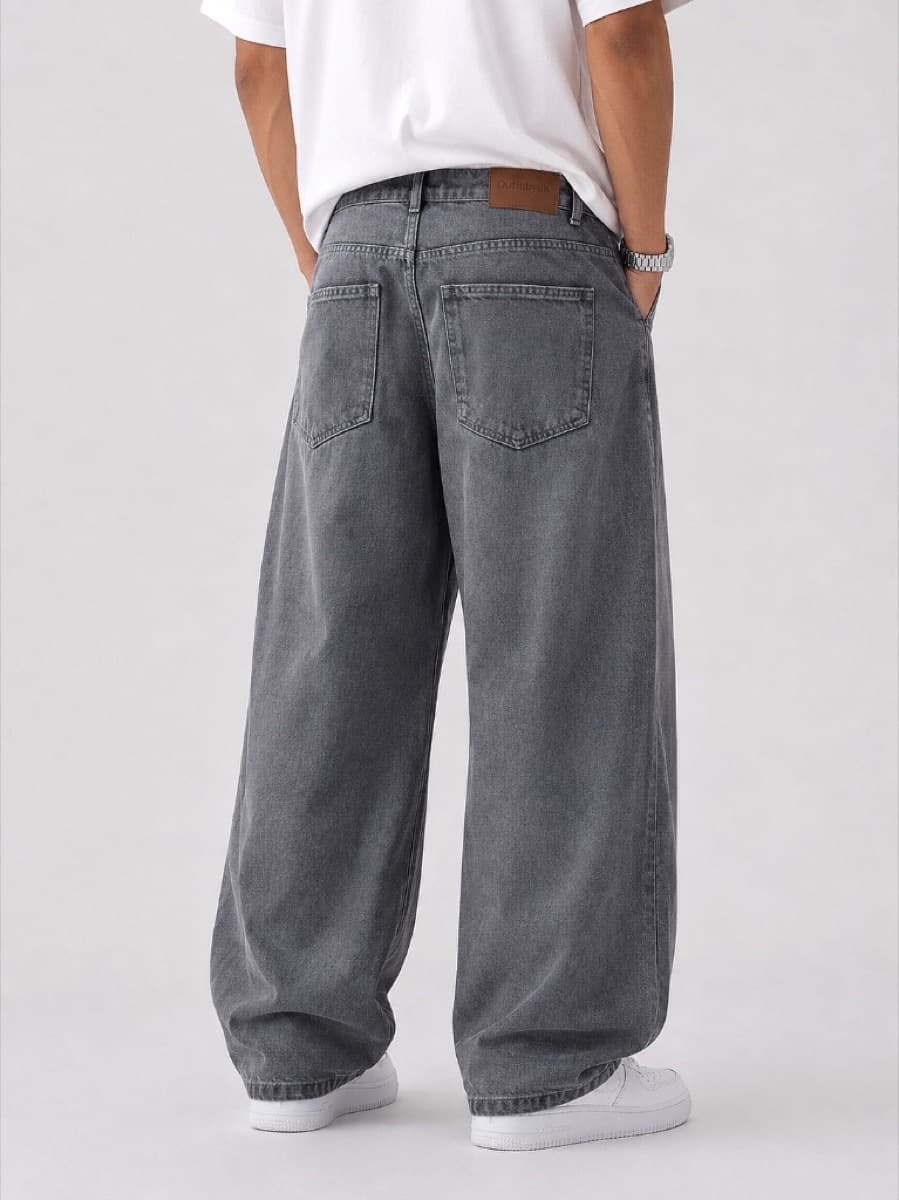 Baggy Washed Denim Jeans - Charcoal Wash - Back